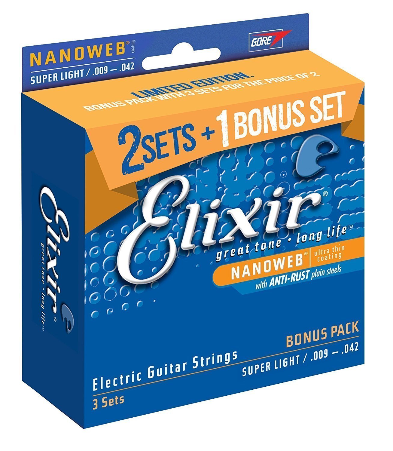 Elixir 16540 Nanoweb Super Light 9-42 3 Pack Set Electric Strings Elixir